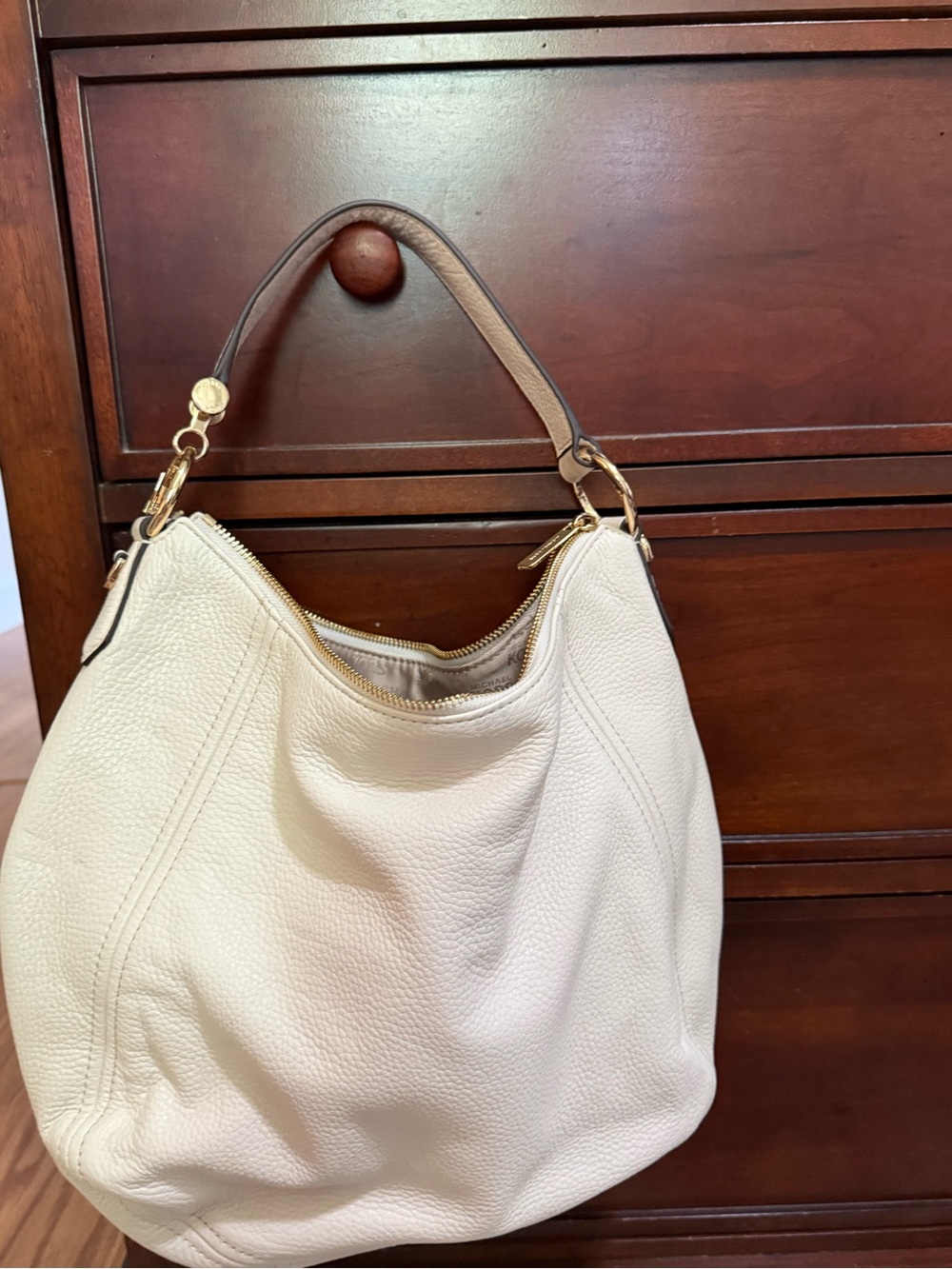Michael Kors Cream Leather Shoulder Hobo with Brown Handle